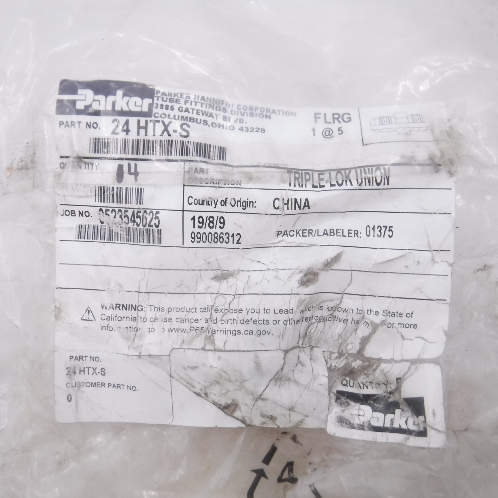 Raccord Hydraulique PARKER 16 HTX-S Triple-Lok - 1" JIC 37° Flare Union, En Acier, Qualité Surplus Neuf